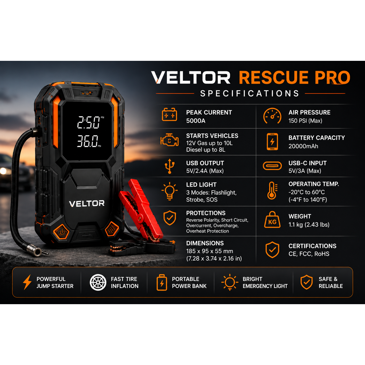 Veltor RoadGuard 4-in-1 Car Jump Starter + Air Compressor